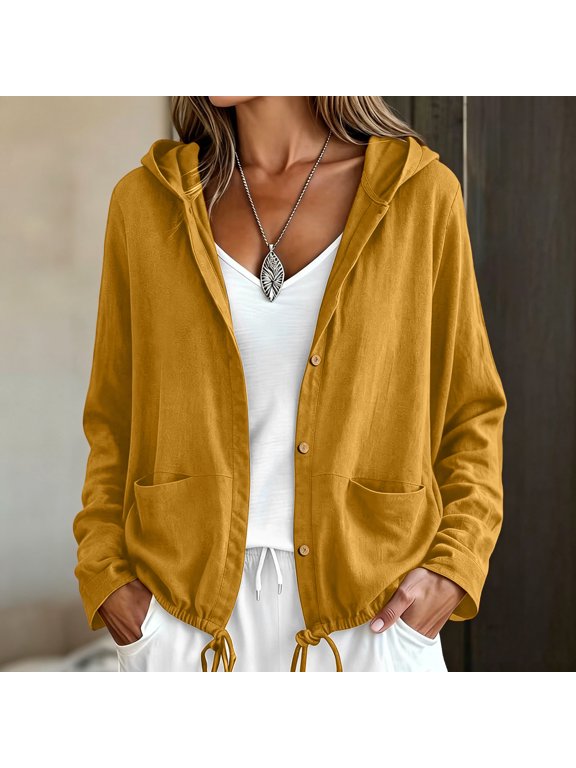 Women's Casual Long Sleeve Button Front Hooded Jacket | Lightweight Cotton Linen Blend Spring Layer with Pockets for Work, Weekend, or Wedding Guest