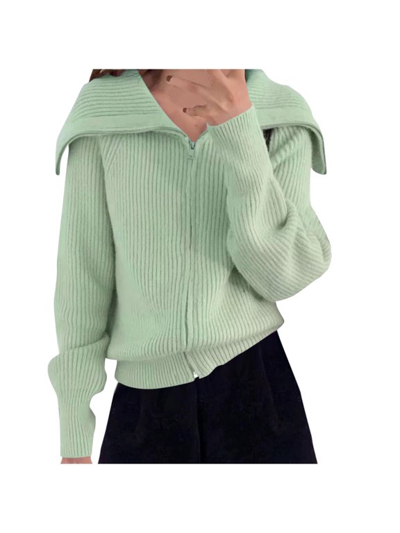 Women's Casual Long Sleeve Zipper Jacket Top - Solid Knit Cardigan with Front Zip Closure, Cozy Wool Blend Layer for Home Relaxing or Workplace Comfort, Regular Fit Pullover for Daily Wear
