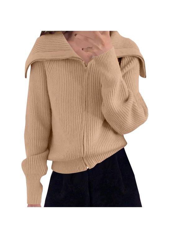 Women's Casual Long Sleeve Zipper Jacket Top - Solid Knit Cardigan with Front Zip Closure, Cozy Wool Blend Layer for Home Relaxing or Workplace Comfort, Regular Fit Pullover for Daily Wear