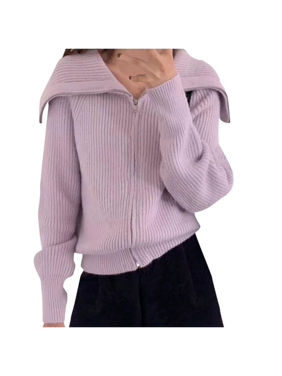 Women's Casual Long Sleeve Zipper Jacket Top - Solid Knit Cardigan with Front Zip Closure, Cozy Wool Blend Layer for Home Relaxing or Workplace Comfort, Regular Fit Pullover for Daily Wear