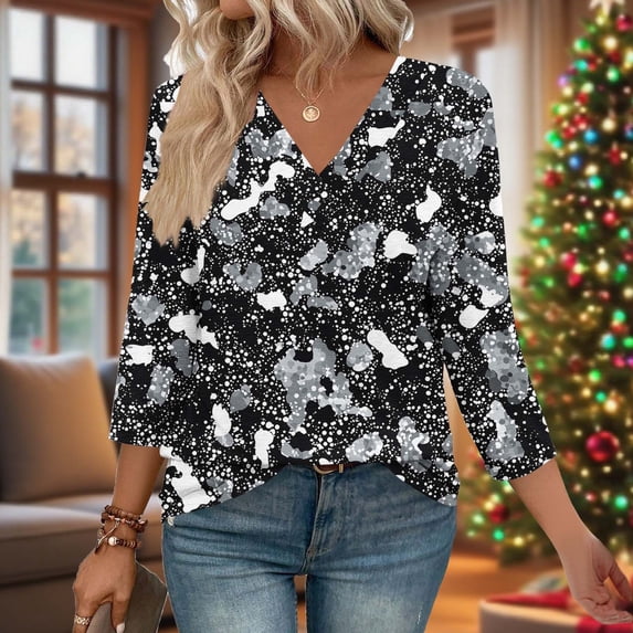 Drovellove Women's Casual Print 3/4 Length Sleeve Blouse with V Neck - Loose Fit Top for Home or Work