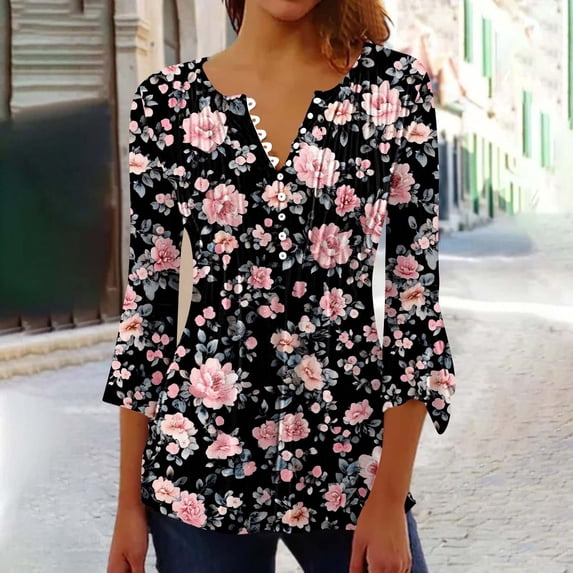 Drovellove Women's Casual Printed Button Down Shirt 3/4 Sleeve Tops and Pleated Belted Front - Versatile Blouse for Office, Date Night, or Weekend Brunch