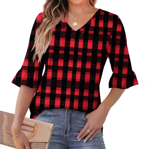 Drovellove Women's Casual Ruffle 3/4 Sleeve Blouse with Shaped Cuffs - Soft Stretchy Top for Spring and Summer, Pairs with Pants, Tights, or Jeans for Daily Trips, Commuting, or Holiday Parties