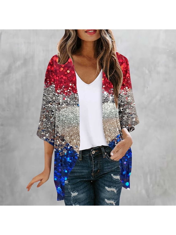 Women's Chiffon Cardigan – Long Sleeve Lightweight Printed Topper for Spring and Summer, Patriotic Holiday Party Outfit, Casual Open Front Layer for Trousers or Tights