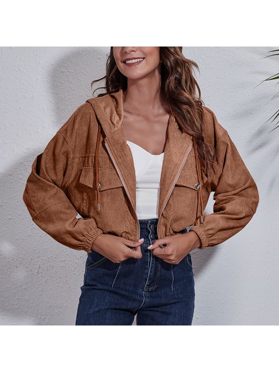 Women's Corduroy Jacket with Hood – Loose Drop Shoulder Long Sleeve Zip Up Coat, Casual Feather Print Cardigan for Winter & Spring Outings