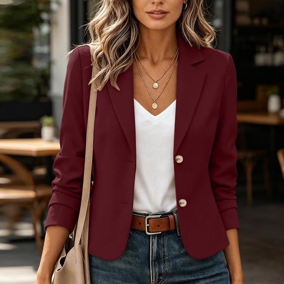 Drovellove Women's Cropped Blazer 2 Button Notched Lapel Suit Jacket Long Sleeve Slim Fit Office Work Coat - Lightweight Tailored Blazer for Business Meetings, Professional Attire, Date Nights