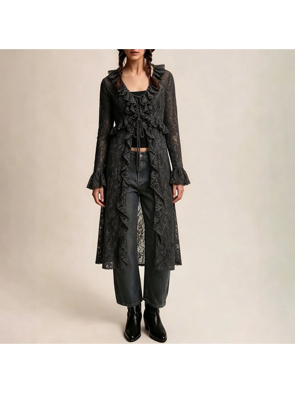 Women's Deep V Neck Lace Cardigan Long Duster Kimono - Semi-Sheer Floral Ruffle Trim Cover Up with Flared Sleeves, Bohemian Vintage Beach Vacation Layer for Summer Nights