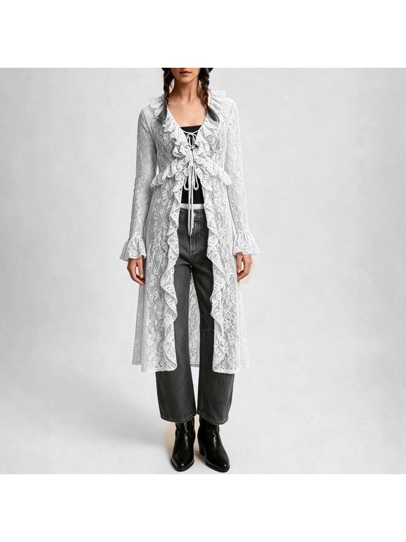 Women's Deep V Neck Lace Cardigan Long Duster Kimono - Semi-Sheer Floral Ruffle Trim Cover Up with Flared Sleeves, Bohemian Vintage Beach Vacation Layer for Summer Nights