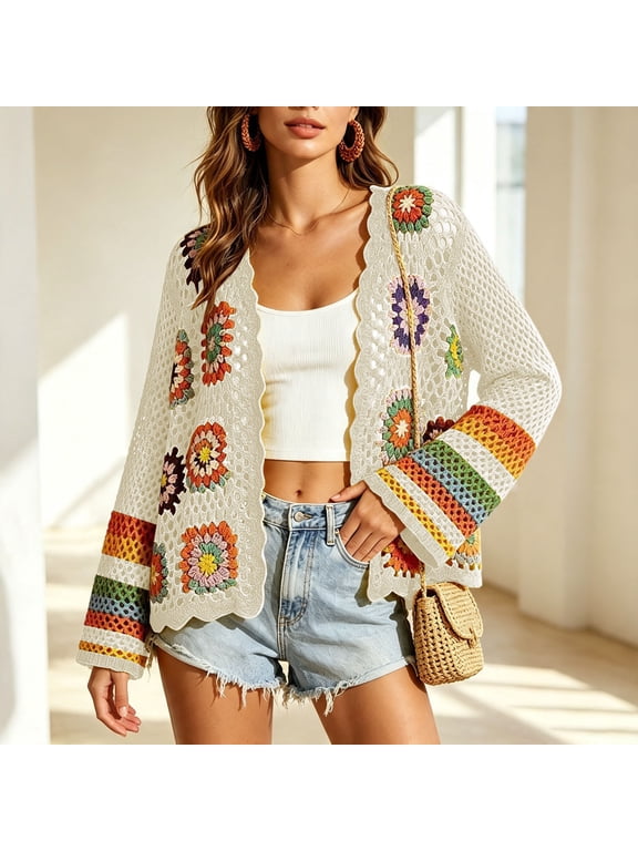 Women's Handmade Crochet Knit Cardigan – Long Sleeve Open Front Bohemian Jacket, Hollow Mesh Color Block Cover Up, Vintage Floral Sunflower Embroidered Layer for Vacation, Spring and Fall