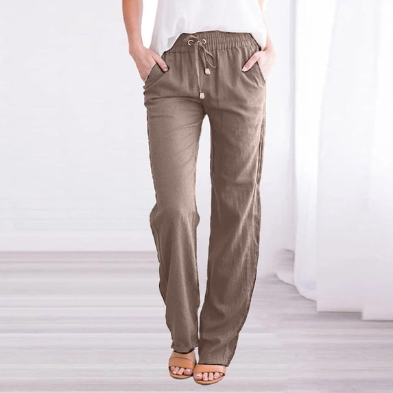 Drovellove Women's High Waisted Wide Leg Trousers - Cotton Linen Loose Fit Pants with Drawstring and Side Pockets for Vacation, Yoga, or Casual Daily Outfits