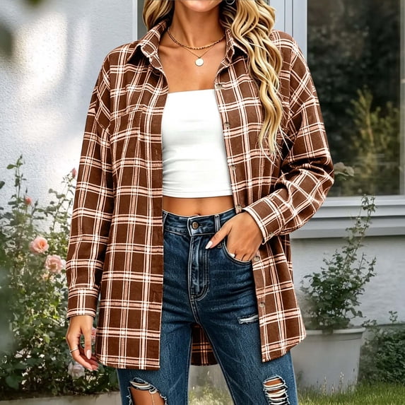 Drovellove Women's Long Sleeve Plaid Shirt Jacket Lapel Button Cardigan - Casual Open Front Blazer Coat with Pockets for Daily Wear, Work, or Weekend Outings