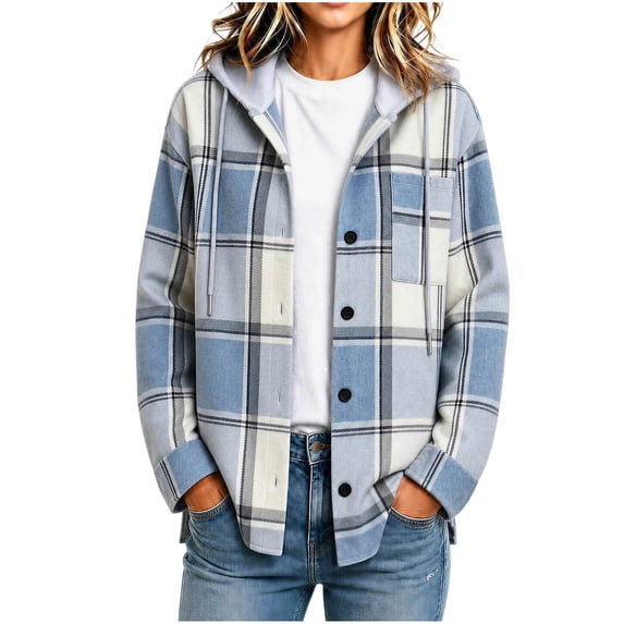 Drovellove Women's Plaid Button Front Long Sleeve Cardigan Coat with Detachable Hood | Soft Relaxed Oversized Jacket with Chest Pocket for Shopping, Travel, and Outdoor Errands