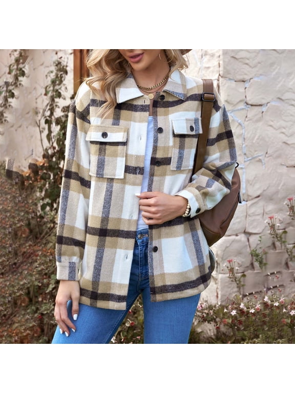 Women's Plaid Shacket Long Sleeve Button Down Shirt Jacket with Pockets - Casual Oversized Wool Blend Coat for Fall Winter, Work, Business, Travel, Outdoor, Party, Dates, Formal