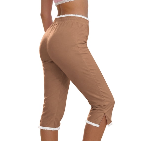 Drovellove Women's Plus Size Capri Leggings – 3/4 High Waisted Stretch Pants with Side Slit & Subtle Lace Detail for Workout, Yoga or Casual Lounging