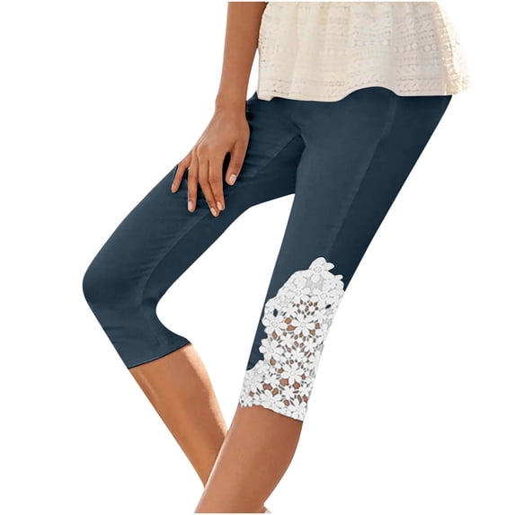 Drovellove Women's Plus Size Casual 3/4 Length Pants with Lace Stitching | Stretchy Capri Style for Recreational Activities