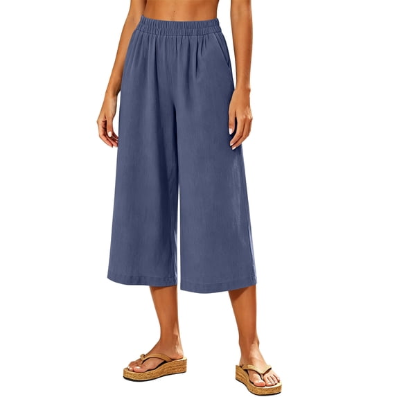 Drovellove Women's Plus Size Casual Cotton-Linen Wide-Leg Capri Pants with Pockets - Elastic Waist Crop Trousers for Spring Vacation or Weekend Brunch