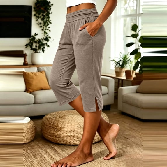 Drovellove Women's Plus Size Casual Pleated Capris with Pockets – Loose Fit Soft Cotton Pants for Home or Work
