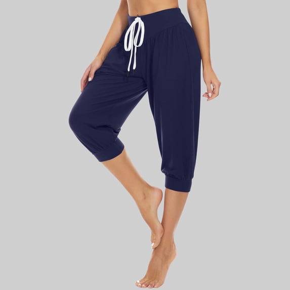 Drovellove Women's Plus Size Elastic Waist Capris with Pockets – Loose Fit 3/4 Length Pants for Casual Sports, Yoga, and Summer Beach Outings
