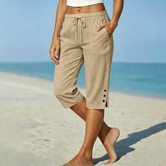 Drovellove Women's Plus Size High Waisted Casual Shorts with Drawstring Side Split - Cotton Linen Summer Pants for Beach Vacation or Weekend Outing