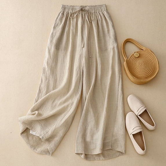 Drovellove Women's Plus Size High Waisted Wide Leg Pants with Pockets - Casual Linen Cotton Summer Straight Leg Pants, Loose Fit Breathable Trousers for Yoga, Beach, or Daily Wear
