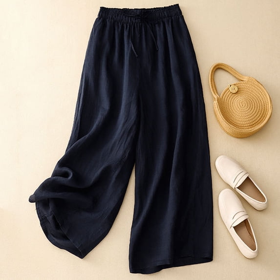 Drovellove Women's Plus Size High Waisted Wide Leg Pants with Pockets - Casual Linen Cotton Summer Straight Leg Pants, Loose Fit Breathable Trousers for Yoga, Beach, or Daily Wear