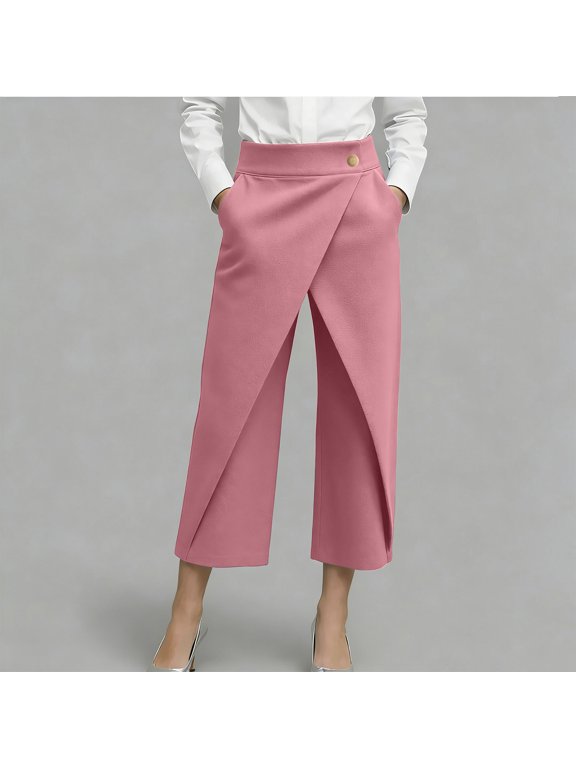 Women's Plus Size High Waisted Wrap Front Cropped Wide Leg Pants with Decorative Buttons - Structured Stretch Trousers for Office or Dressy Casual Outings