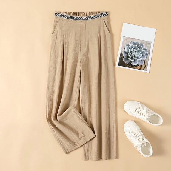 Drovellove Women's Plus Size Wide Leg Pants with Elastic Waist – Linen Blend Art Halen Trousers for Casual Summer Days