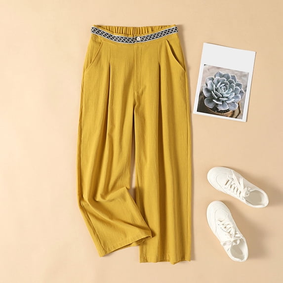 Drovellove Women's Plus Size Wide Leg Pants with Elastic Waist – Linen Blend Art Halen Trousers for Casual Summer Days