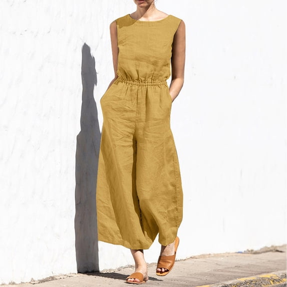 Drovellove Women's Sleeveless Jumpsuit with Pockets - Summer Casual Romper with Wide Legs