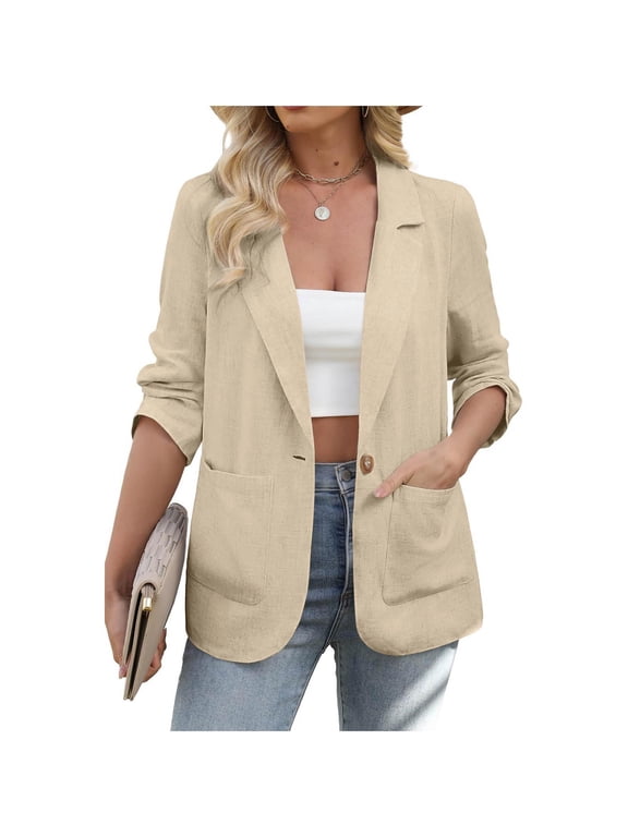 Women's Solid Blazer Business Casual Open Front Long Sleeve Suit Jacket with Pockets - Lightweight Polyester Work Office Layering Piece