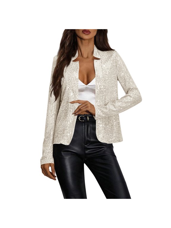 Women's Stand Collar Sequin Jacket Casual Blazer with V Neck | Solid Color Chic Cardigan for Travel, Shopping, Street Style