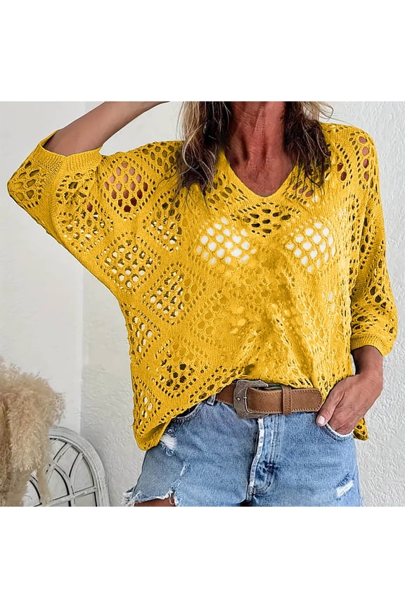 Women's V Neck Diamond 3/4 Sleeve Blouse - Casual Medium Sleeve Sweater Top for Spring and Summer Outings