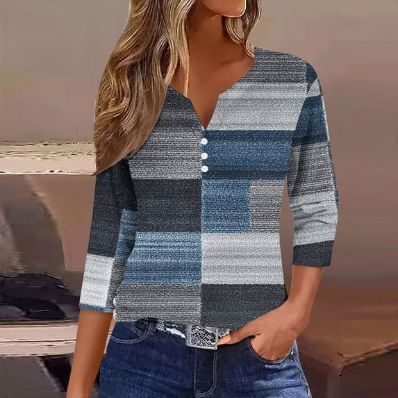 Drovellove Women's V Neck Printed T-Shirt 3/4 Length Sleeve Top – Casual Blouse for Daily Wear, Work, or Party