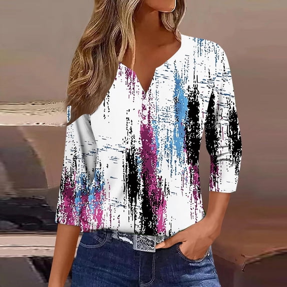 Drovellove Women's V Neck Printed Tunic Top with 3/4 Length Sleeve - Casual Flowy Blouse for Work or Parties