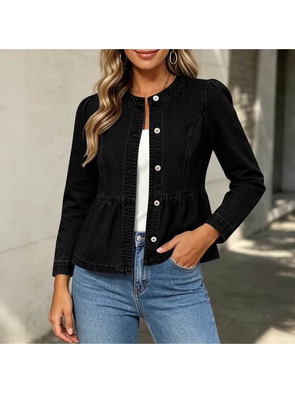 Women's Vintage Cropped Denim Jacket with Puff Sleeves and Ruffle Peplum Hem - Soft Stretch Button Front Coat for Shopping, Weekend Outings, and Casual Commute