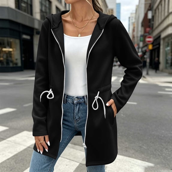 Drovellove Women's Winter Fleece Lined Zip Up Hoodie Sweatshirt Mid Length Coat with Pockets | Loose Fit Long Sleeve Casual Jacket for Outdoor Workouts, Travel, or Weekend Errands
