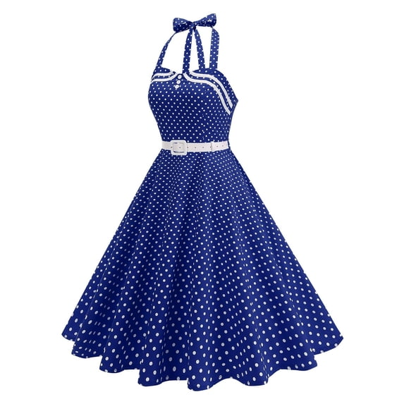 Drovellove Womens Plus Size Polka Cocktail Swing Dresses Vintage 50s Buttons Belted Retro Rockabilly Swing Dress Pinup Formal Party Fit & Flare Halter Neck Sundress