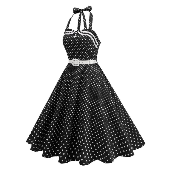 Drovellove Womens Plus Size Polka Cocktail Swing Dresses Vintage 50s Buttons Belted Retro Rockabilly Swing Dress Pinup Formal Party Fit & Flare Halter Neck Sundress