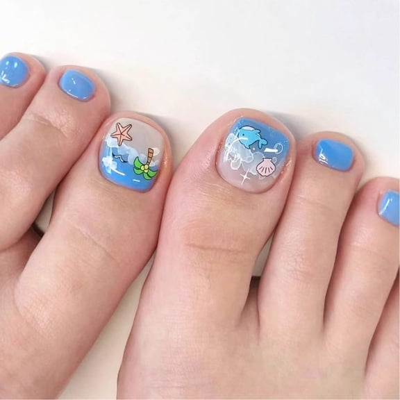 Drrntien 24Pcs Blue Press on Toenails Beach False Toe Nail Short Square Artificial Toenails for Home Manicure and Salon Use