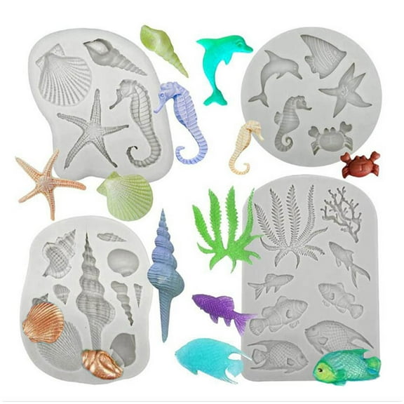 Drrntien 4Pcs Marine Theme Cake Fondant Silicone Mold Conch Starfish Seashell Baking Mold