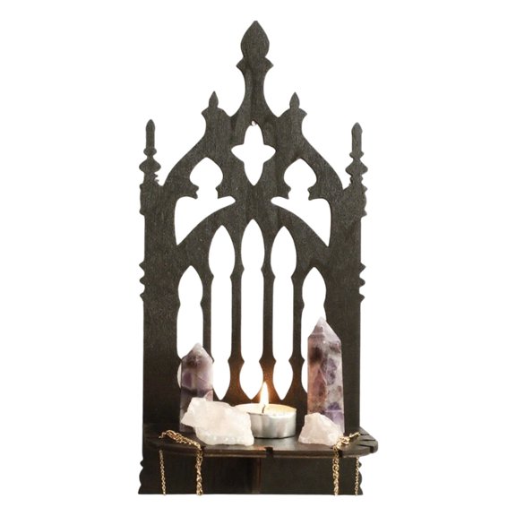 Drrntien Black Wooden Gothic Styles Wall Shelf Throne Design Hanging Storage Rack Crystal Holders For Living Room Bedroom Decors