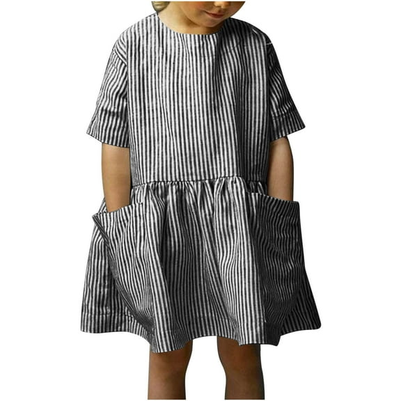 Drses‌ ‌‌‌‌‌‌‌‌‌‌‌‌‌‌‌2025 Girls' Linen Striped Tunic Midi Dress | Short Sleeve Round Neck with Pockets | Casual Summer Style