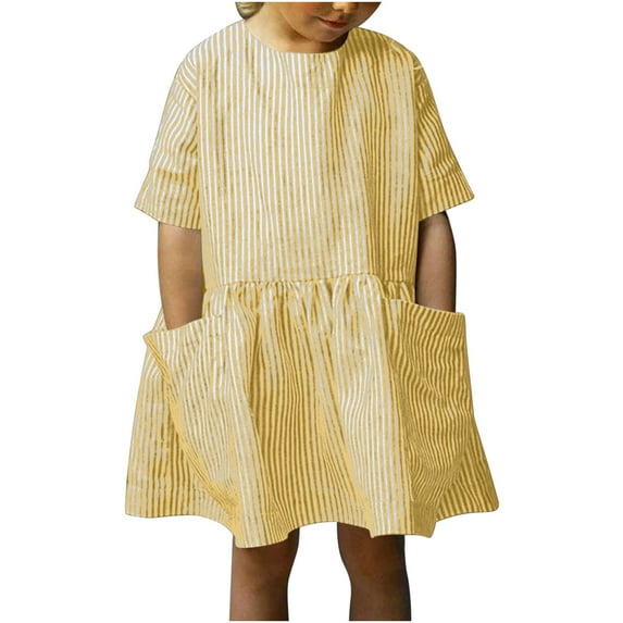 Drses 2025 Girls' Linen Striped Tunic Midi Dress | Short Sleeve Round Neck with Pockets | Casual Summer Style