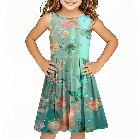 Drses‌ ‌‌‌‌‌‌‌‌‌‌2025 Girls' Summer Dress (4-14T) - Sleeveless Twirly Swing Dress with 3D Print | A-Line Beach Sundress & Playwear