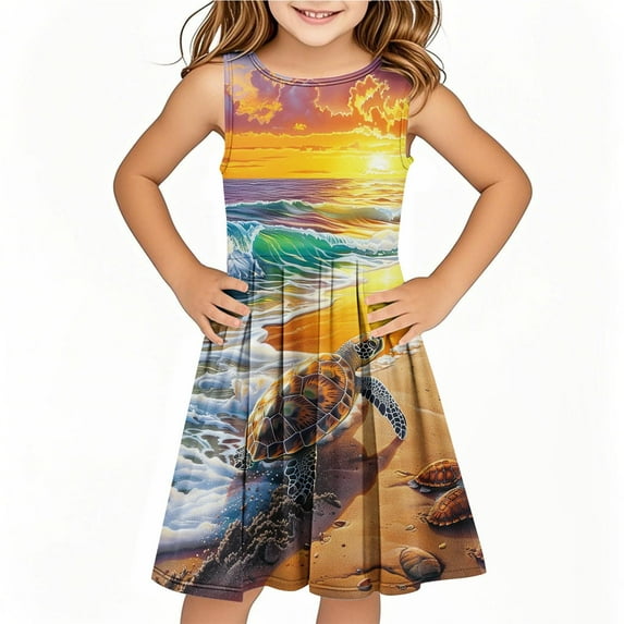 Drses 2025 Girls' Summer Dress (4-14T) - Sleeveless Twirly Swing Dress with 3D Print | A-Line Beach Sundress & Playwear