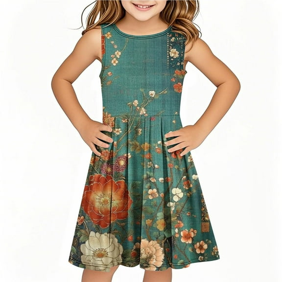 Drses‌ ‌‌‌‌‌‌‌‌‌‌2025 Girls' Summer Dress (4-14T) - Sleeveless Twirly Swing Dress with 3D Print | A-Line Beach Sundress & Playwear