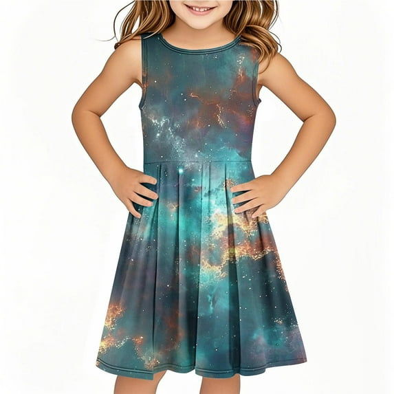 Drses 2025 Girls' Summer Dress (4-14T) - Sleeveless Twirly Swing Dress with 3D Print | A-Line Beach Sundress & Playwear
