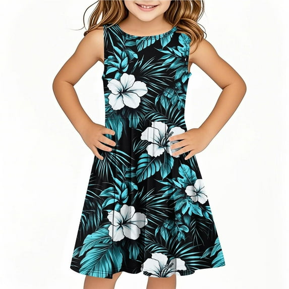 Drses 2025 Girls' Summer Dress (4-14T) - Sleeveless Twirly Swing Dress with 3D Print | A-Line Beach Sundress & Playwear