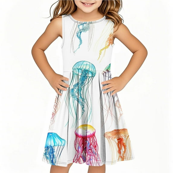 Drses 2025 Girls' Summer Dress (4-14T) - Sleeveless Twirly Swing Dress with 3D Print | A-Line Beach Sundress & Playwear