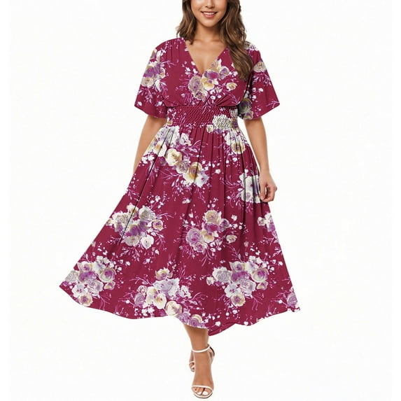 Drses 2025 Plus Size Wedding Guest Maxi Dress - V Neck 3/4 Sleeve Empire Waist Floral | Beach to Church Curvy Women's Formal & Casual